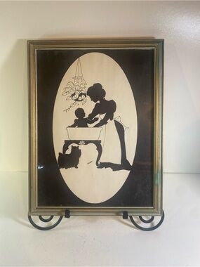 Vintage Framed & Matted Silhouette Mother & Child Print, Artist Mirella